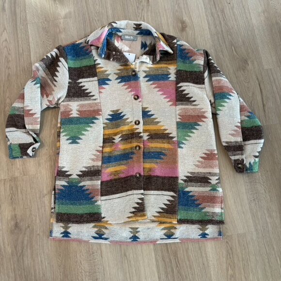 NWT Blue B Collection Pink Tan Blue Green Up Aztec Shacket Small oversized - Picture 1 of 10